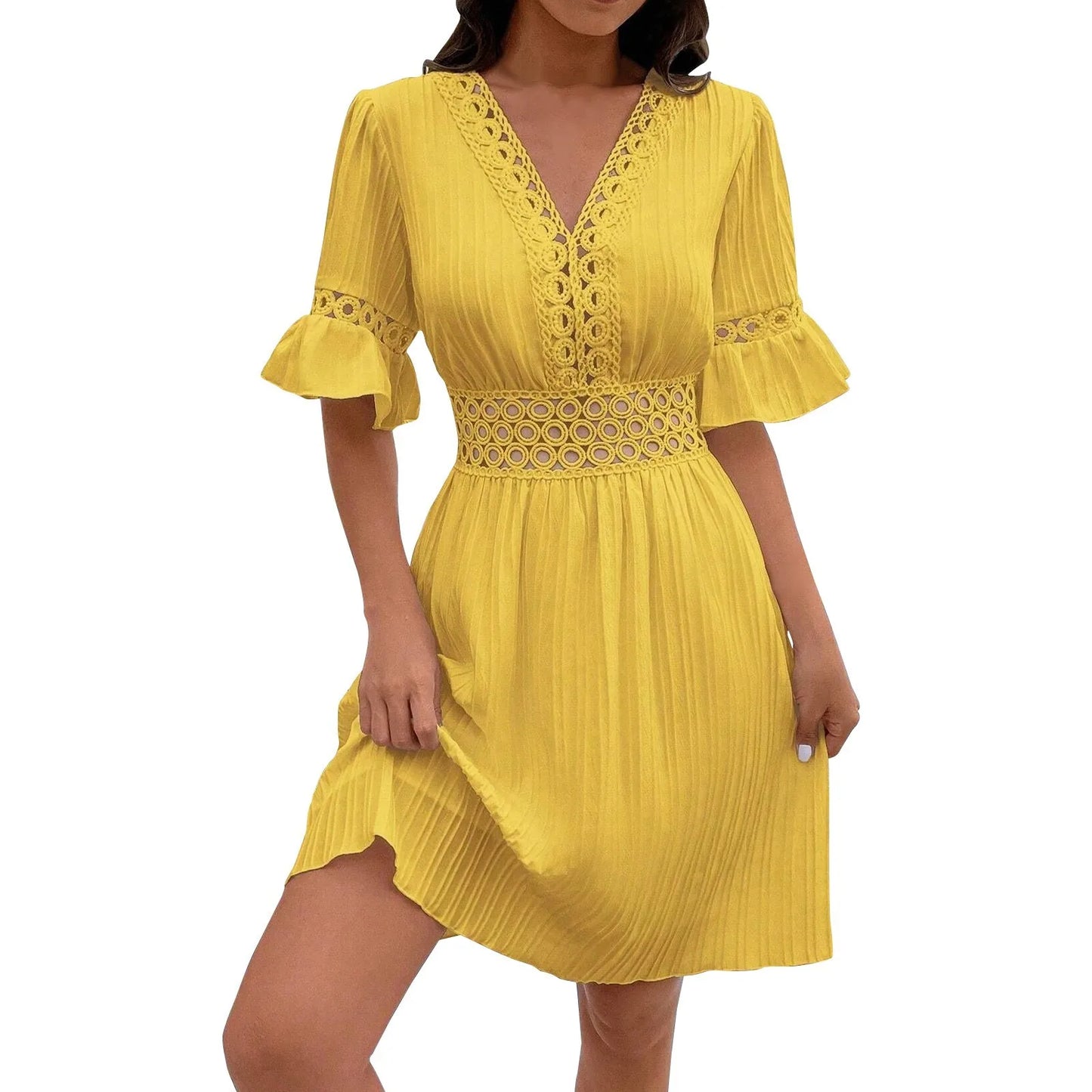 Women Sexy V Neck Flying sleeve Mini Dress Summer Hollow Embroidery Lace Patchwork Party Dress Casual Loose Beach A-Line Dress