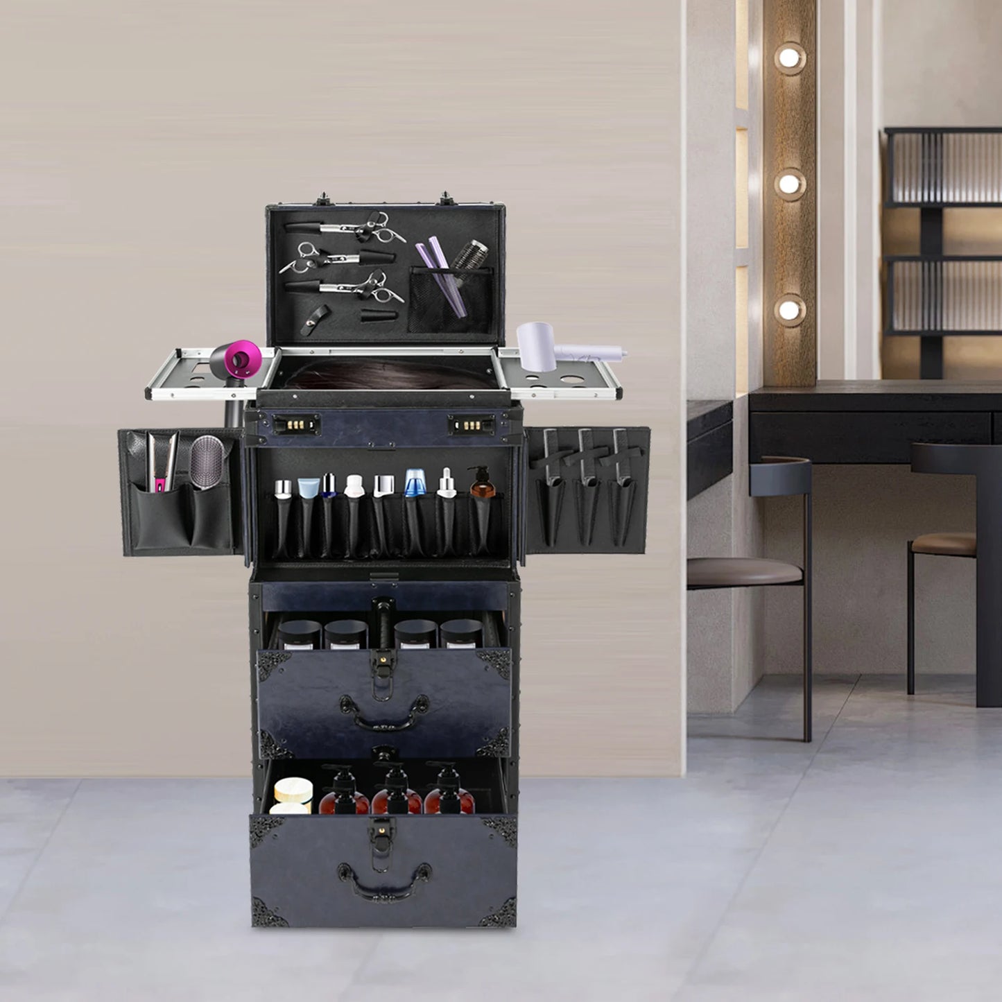 Artist Makeup Case Trolley Universal Casters with 4 Keys Rolling Nail Tech Makeup Cart Travel Box for Makeup Hairstylists