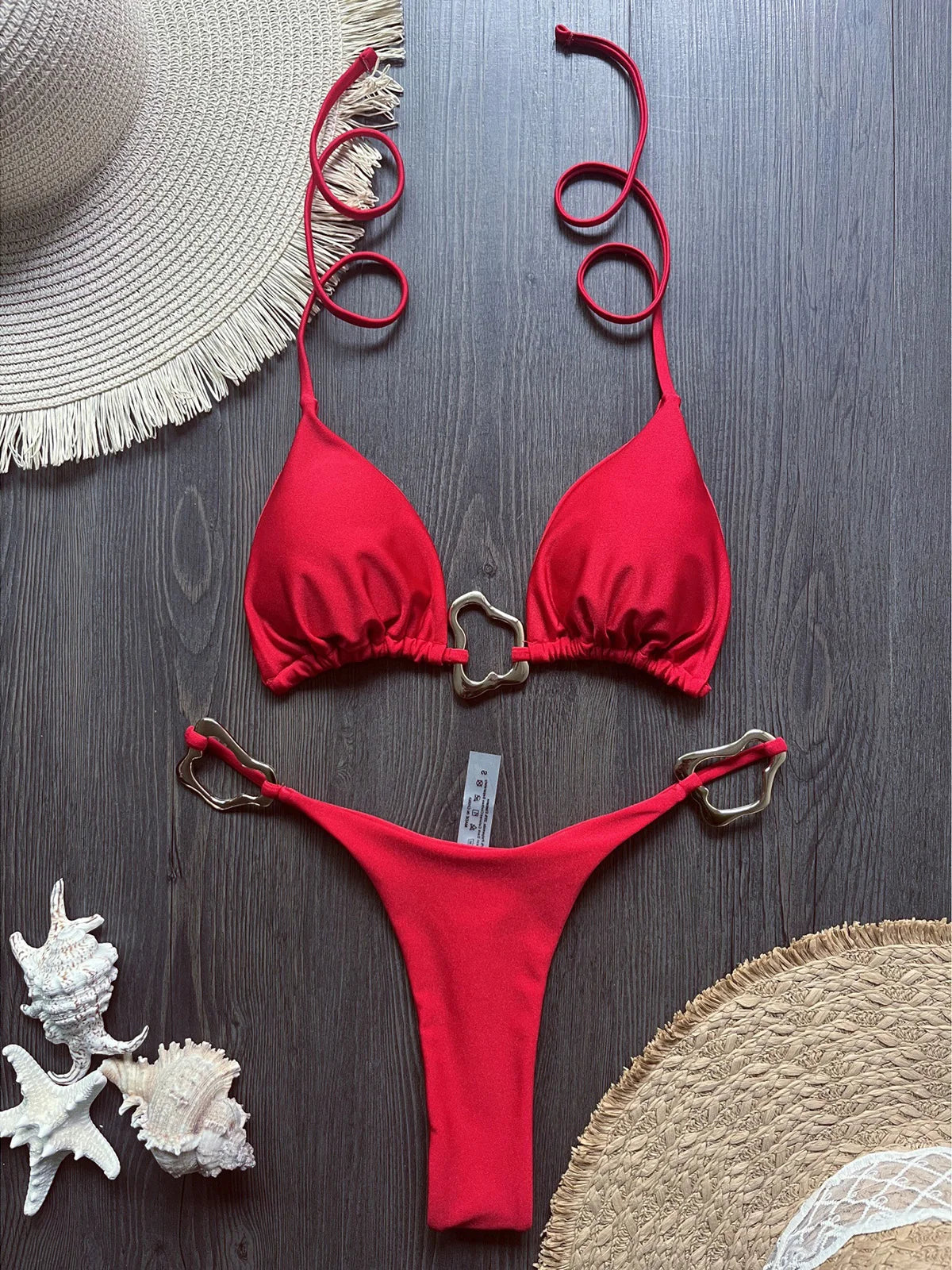 Shiny Metal Ring Halter Mini Thong Bikini Women Swimwear Female Swimsuit Two-pieces Bikini set Bather Bathing Suit Swim V6438