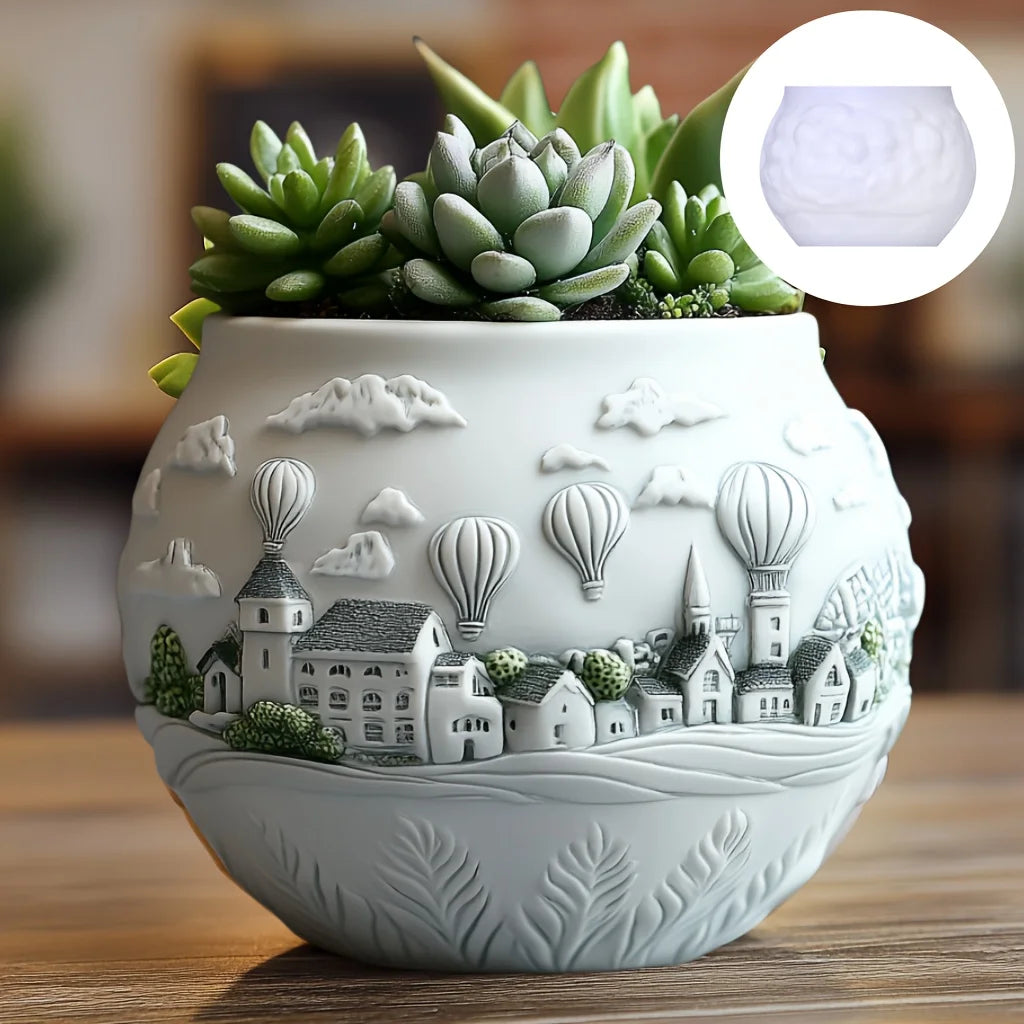 Windmill Town Succulent Plant Pot Silicone Mold  Windmill Town House Relief  Flower Pot Resin Mold Dream house storage box molds