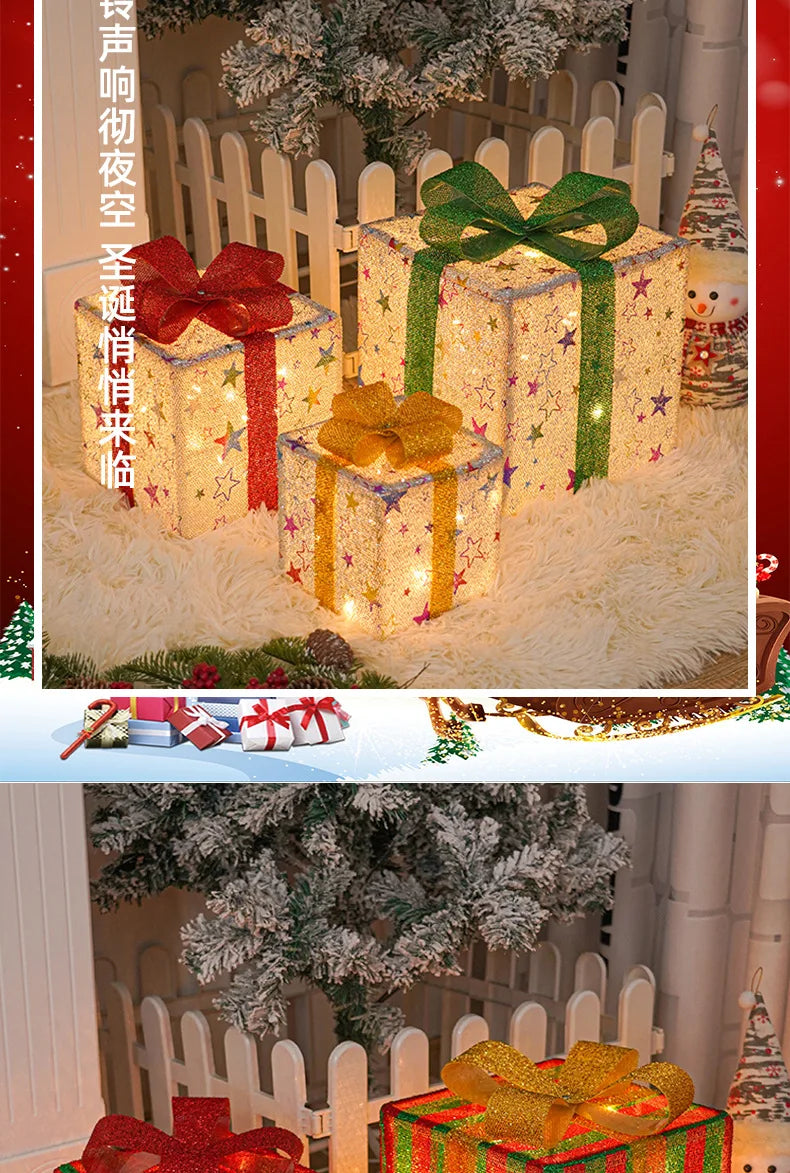2025 Christmas Gift Box with LED Light String Warm Light Colored Light 3pcs Gift Box Christmas DIY Props Decoration Gift Boxs