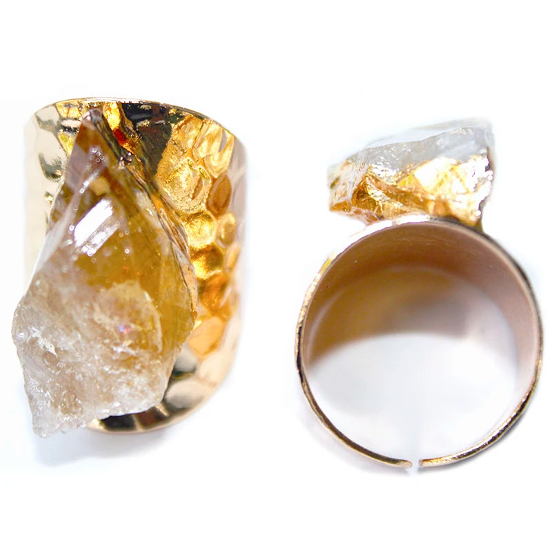 Irregular Raw Citrine Wide Open Rings for Women Gold-color Genuine Stone Adjustable Finger Jewelry