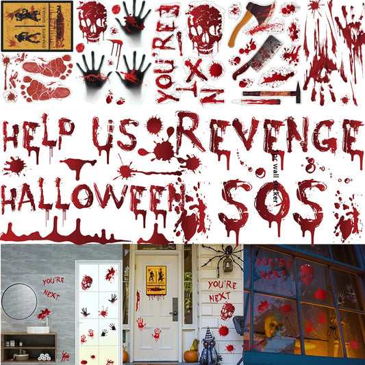 Halloween Window Bathroom Decor Horror Bloodstain Wall Sticker Bloody Handprint and Footprint Wall Decal Haunted House Decor