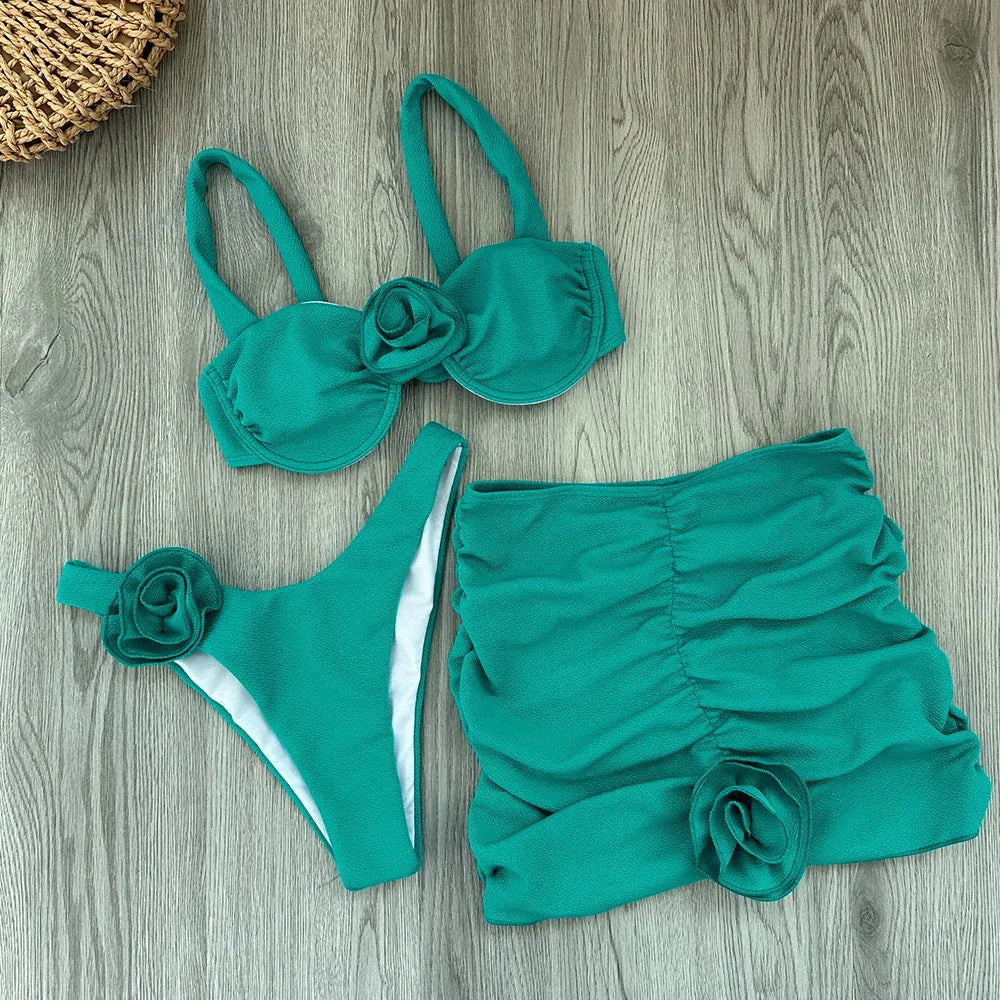 Sexy Floral Lace 3pieces Micro Bikini 2024 Women Swimsuit Female Swimwear Bikinis Set Brazilian Beach Wear Bathing Suit Biquini