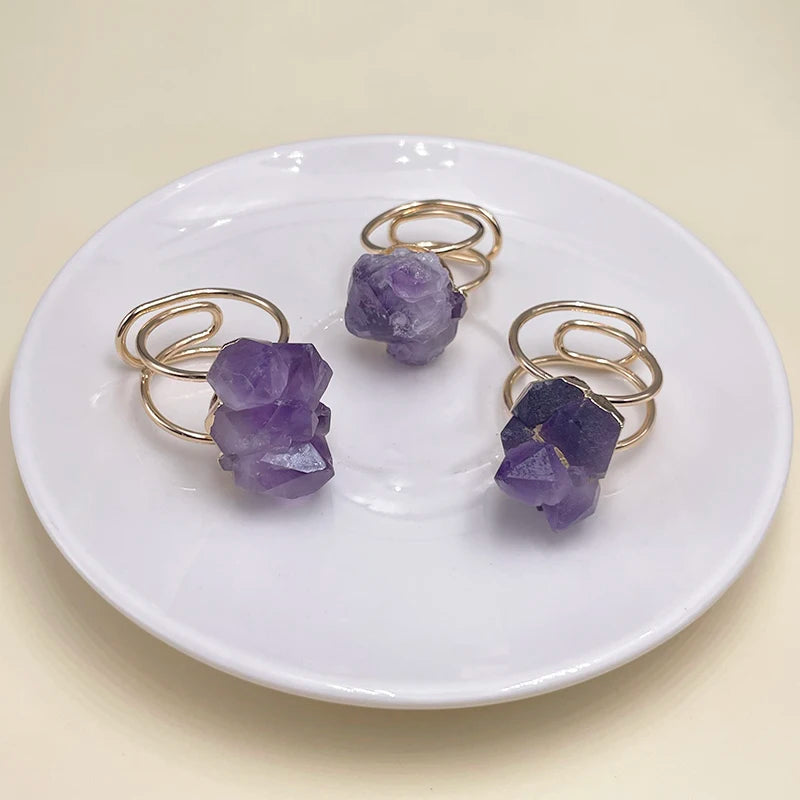 Irregular Raw Amethyst Open Ring for Women Girls Purple Crystal Gemstones Finger Jewelry Resizable