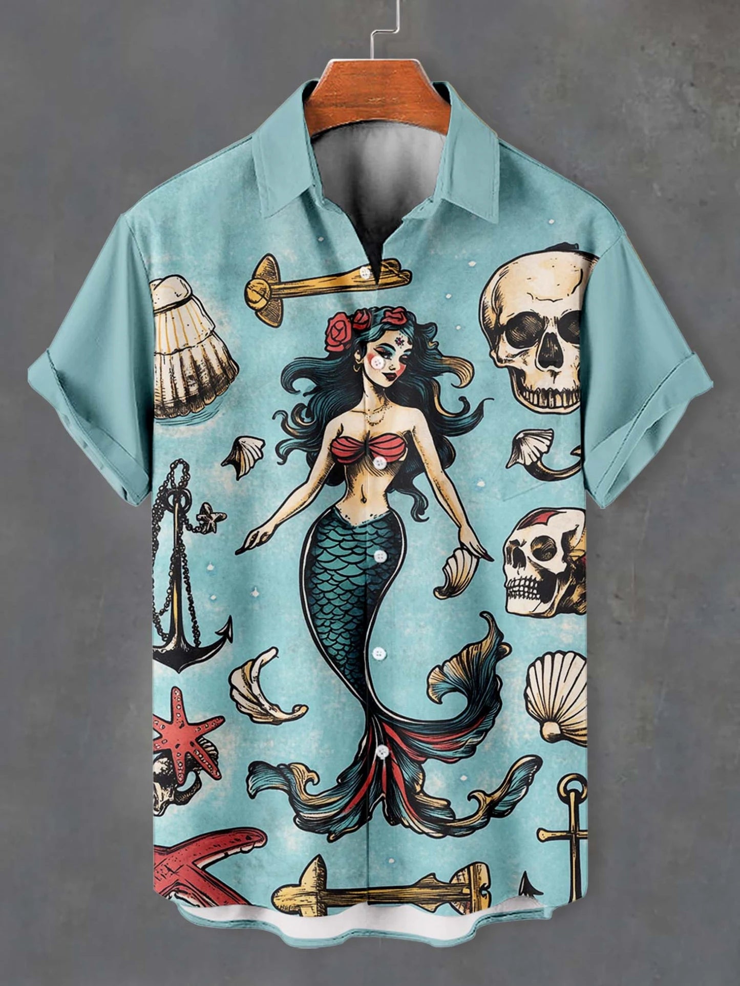 Retro Mermaid Pattern Men's Shirt Short Sleeve Shirts Button Down Lapel Shirts Oversized Tops Casual Hawaiian Shirt for Men