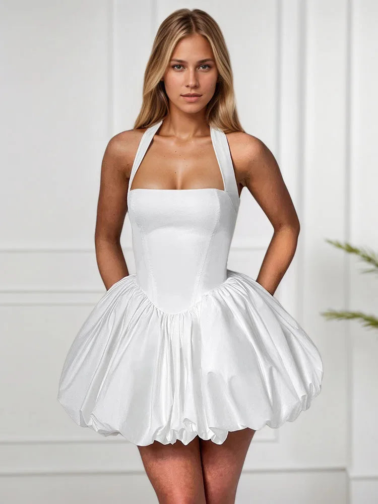 FSMG Sexy Solid Sleeveless Backless Halter Short Skirt Fashion Bow High Waist Slim A-line Dresses Summer Evening Party Vestidos