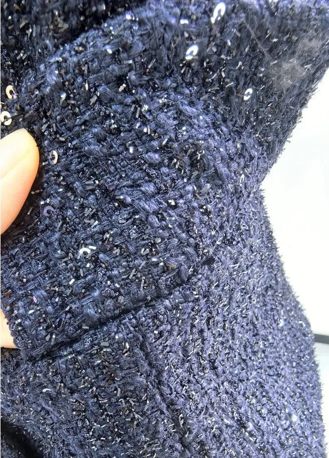 Maxi Formal Luxury Evening Dresses Women Summer Autumn Single Breasted Crystal Satin Tweed Long Dress Blue Party Dinner Vestidos