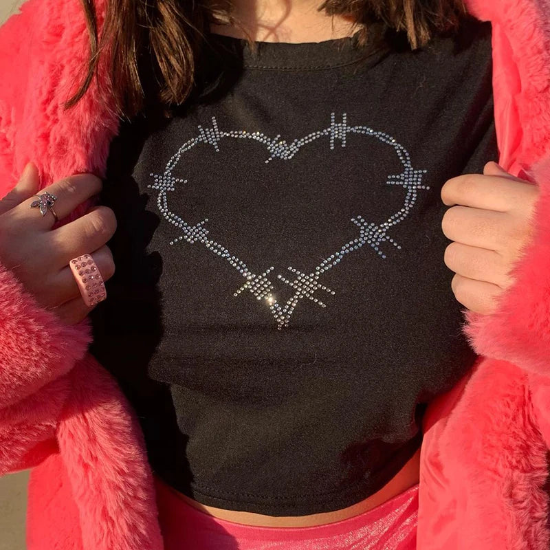 Women T-Shirt Y2k Style Crop Tops Tees Rhinestones Slim Graphic Summer Fashion Harajuku Streetwear Short Sleeve Women Clothes