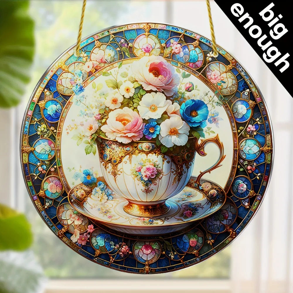 Flower Suncatcher, Stained Window Hanging, Acrylic Sign, Winter Decor, Round Sign, Wreath Sign, Wreath Center, Christmas Gift