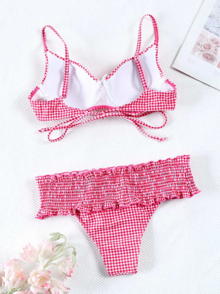 Miyouj Bow Bikinis 2024 Biquin Pleated Swimsuit Women Plaid Print Bikini Set Sexy Swimwear Push Up Beachwear Low Waist Bath Suit