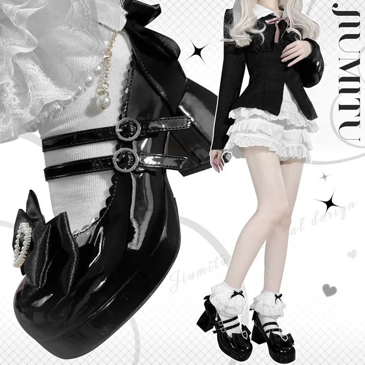 Lolita Shoes New Japanese Cute Round Head Pearl Bow Clips Leather Shoes Pumps Women Mary Jane Shoes High Heels Girls