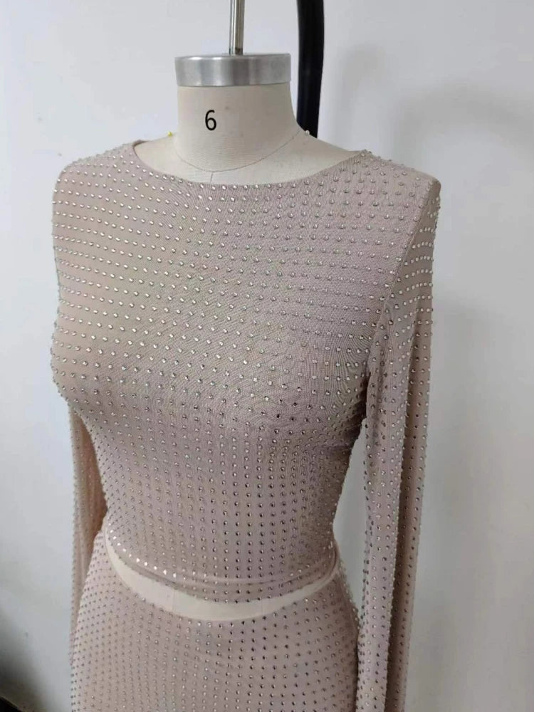 Sexy Diamonds Two-Pieces Set Women Sparkling Crystal  Long Sleeves Top + Mini Slim Skirts Suits Evening Nightclub Party Sets
