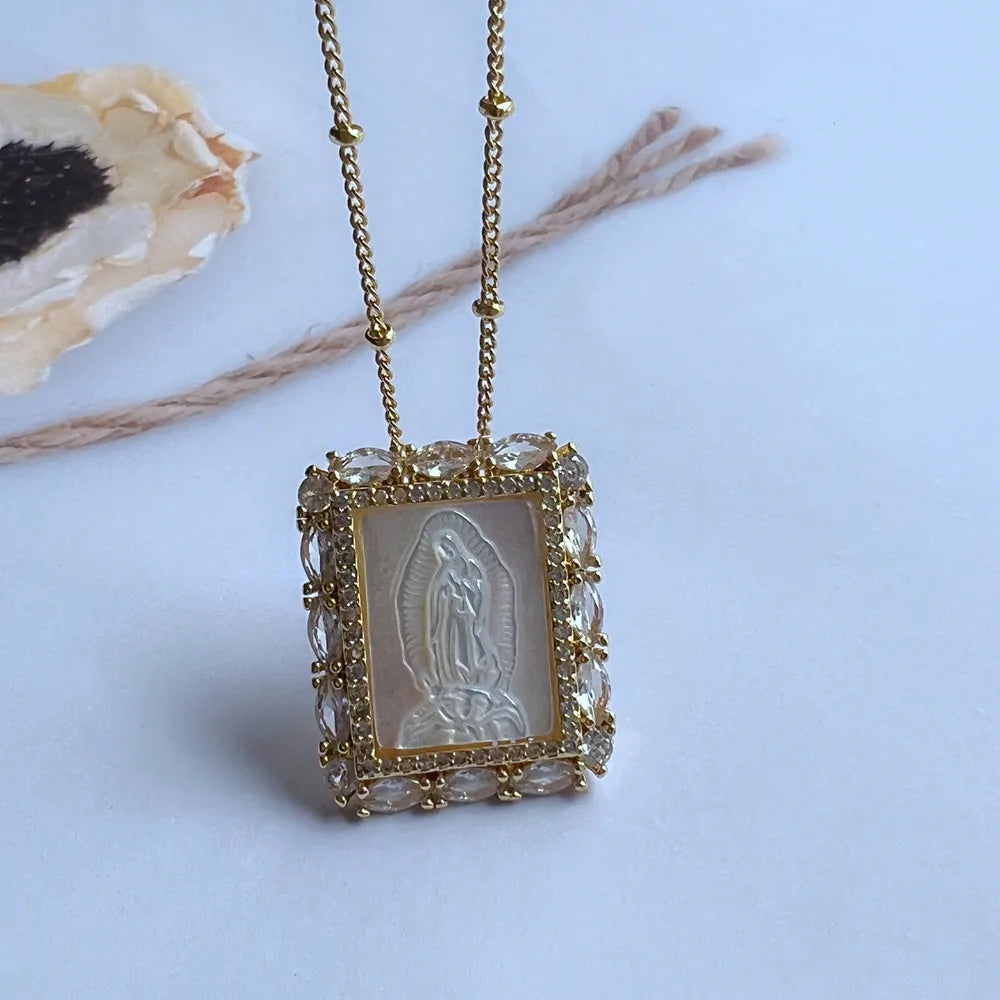 Natural Mother Pearl Shell Virgin Mary Guadalupe San Benito Charm Necklace Rectangle Religious Medals Necklace for Women & Gift