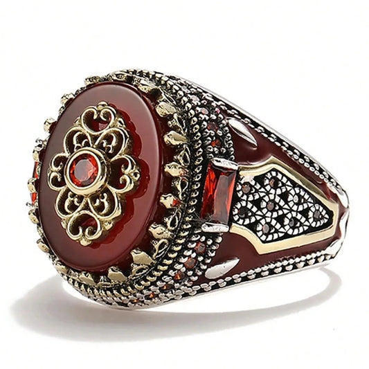 Retro Turkish Handmade Men Crown Rings Vintage Carved Eagle Pattern Red Zircon Stone Rings Rock Punk Muslim Wedding Band Jewelry