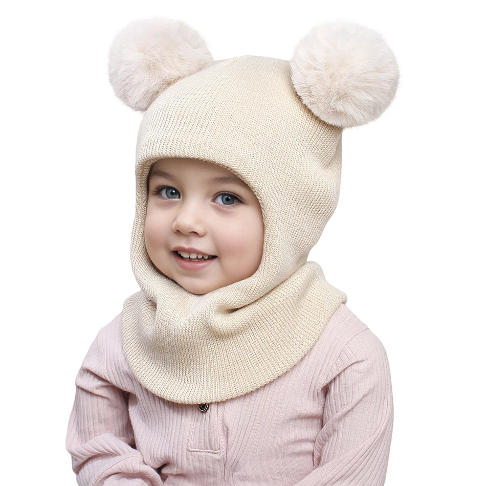 Kids Autumn Winter Pullover Hat Children's Double Ball Ear Protection One-piece Hats Baby Yarn Knit Cap Balaclava Christmas Gift
