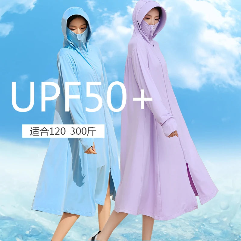 Sunscreen Sun Protection Long Coat Hooded Washable Ruffles Adjustable Waist Beach Anti-UV Dress For Women UPF50+ Long Coat 5XL