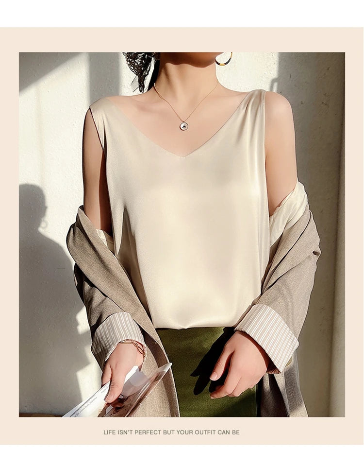 Women's New Four Seasons Inner Wear Silk Suspenders 2022 V-Neck Solid All-Match Satin Vest Soft Loose Thin Lady Sleeveless Tops