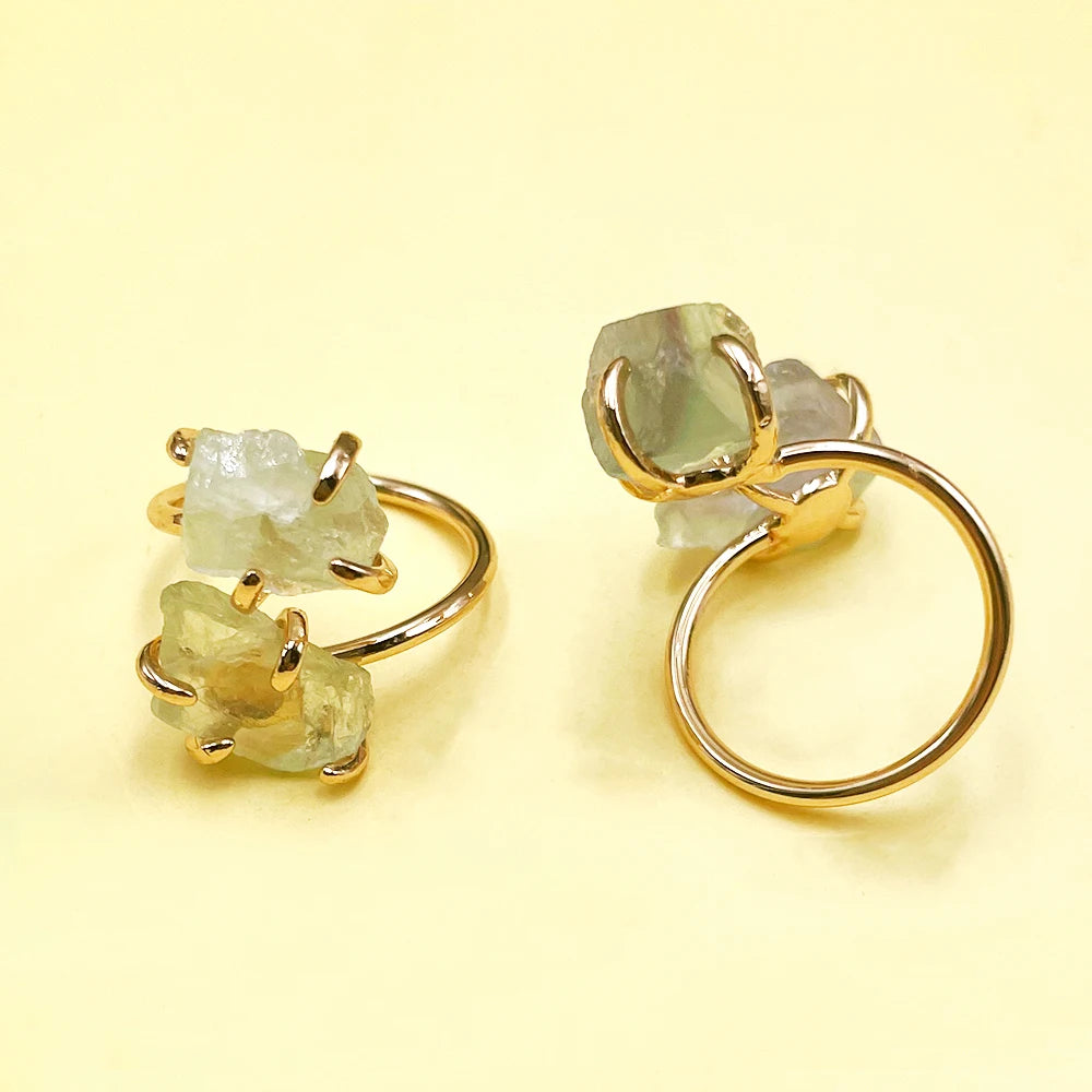 Irregular Fluorite Crystal Open Cross Ring for Women Girls Claw Setting Gold-color Boho Rough Stone Finger Jewelry Resizable
