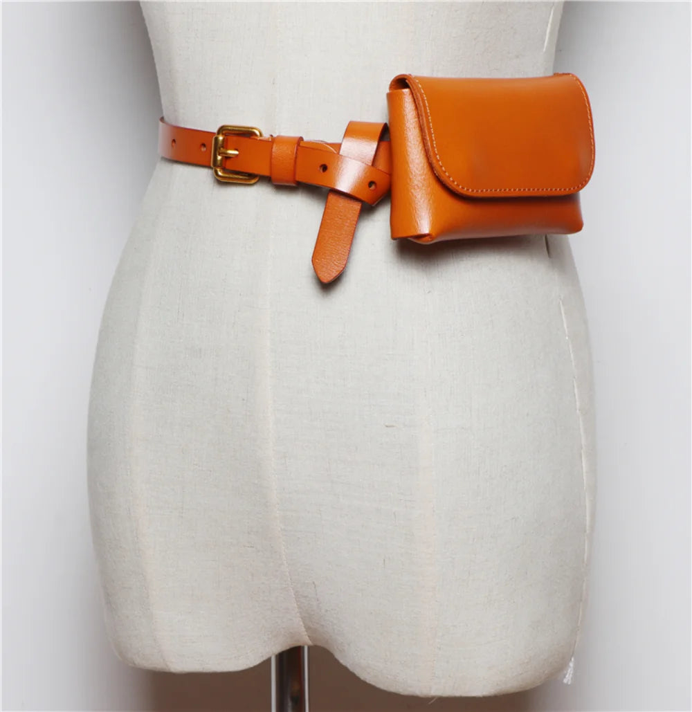 Genuine Leather Women's Thin Waistband Small Girdle Bag With Belt Korean Simple All-Match Decorative Dress Jeans Waist Belt