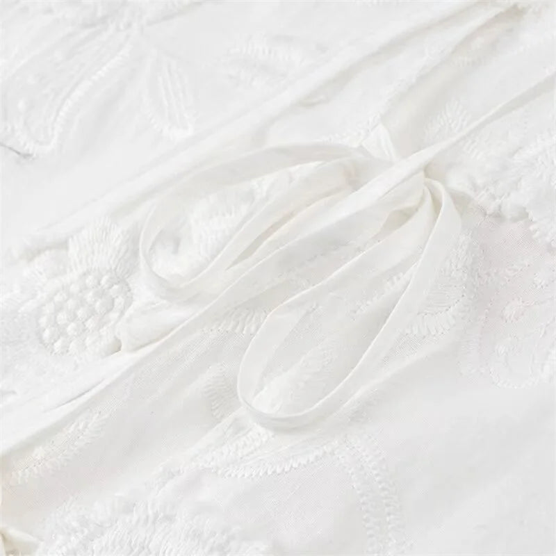 Lamuusaa Babydoll Tops Women y2k Clothes Floral Embroidery Round Neck Puff Short Sleeve Shirts Elegant White Blouses Streetwear