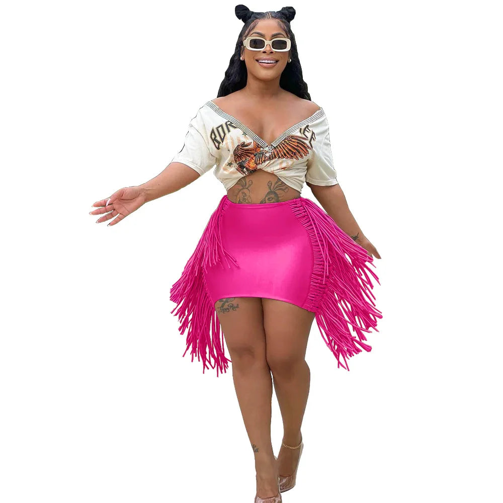 Sexy Wrap Women Mini Skirts Solid Bodycon Streetwear Skirts 2022 Summer Chic Hollow Out Tassel Y2K Style Bottom Outfits