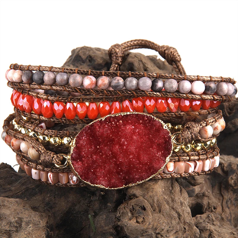 Fashion Bohemian Jewelry Bracelet Mixed Natural Stones Multicolor Big Druzy Charm Handma Wrap Bracelets Gift