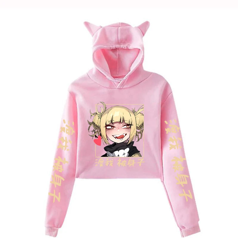 New Anime Hoodie Womens Girls Cat Ear Sweatshirts Hip Hop Short Hooded Pullover Crop Top Himiko Toga Printing Cat Ear Hoodies