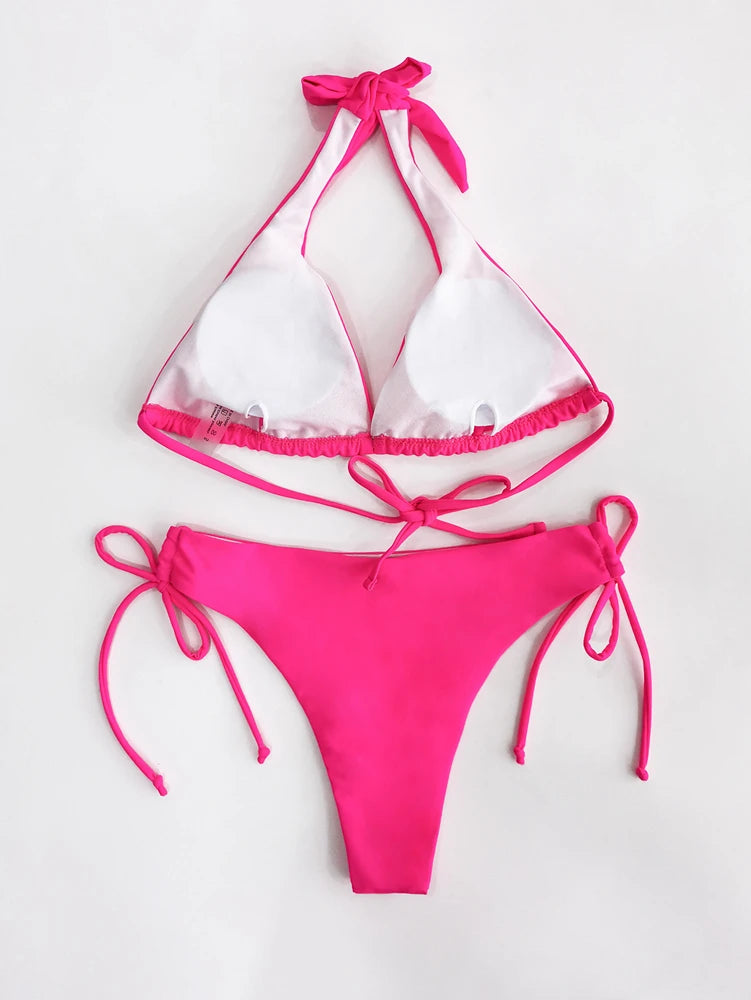 Sexy Halter Bikini Swimsuit Women Low Waisted 2025 New Black/Red/Rose Beach Bathing Suit Bandage Brazilian Swimwear Two Pieces