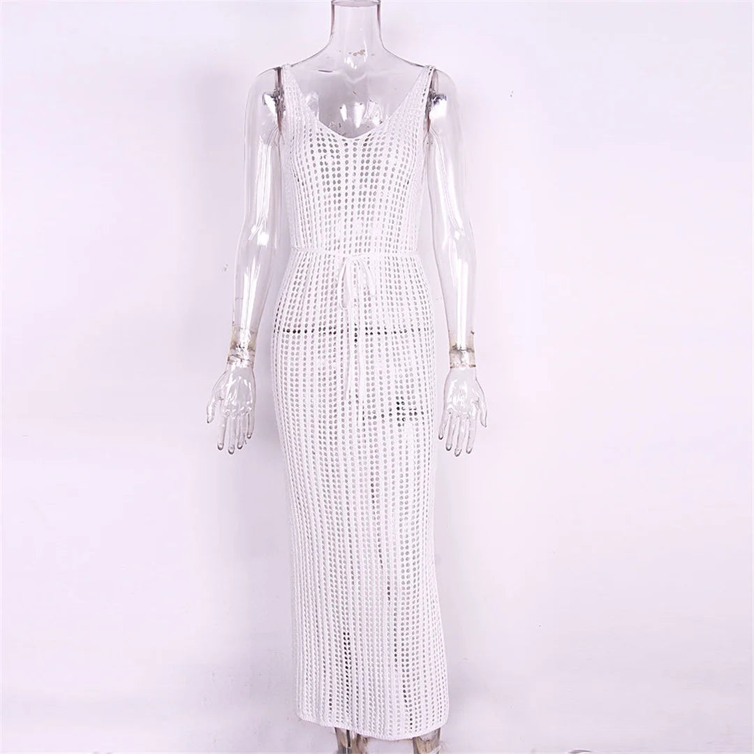 S - XL Backless Hollow out Knitted Crochet Tunic Beach Cover Up Cover-ups Beach Dress Beach Wear Beachwear Female Women V3660