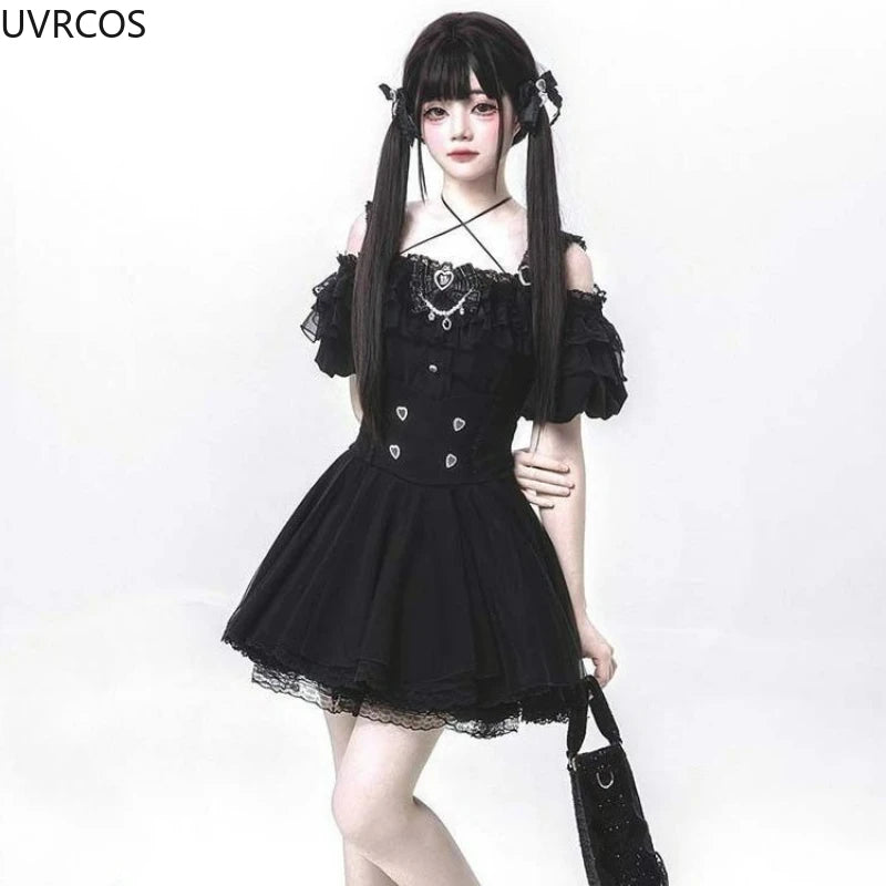 Japanese Gothic Y2k Lolita Style Skirt Sets Women Sweet Bow Off Shoulder Shirts Cute Mini Cake Skirts Korean Fashion Party Suit