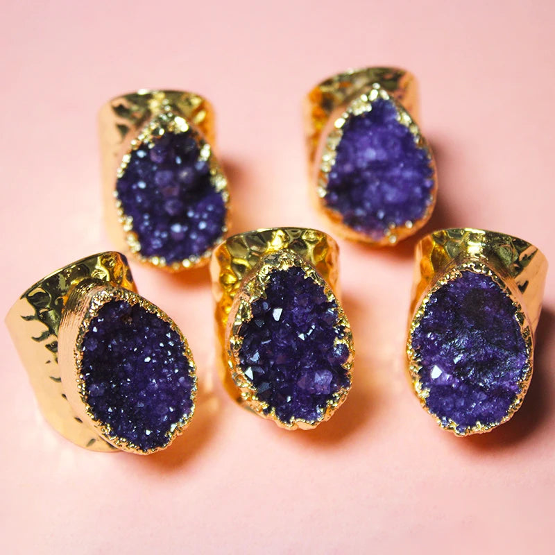 Elegant Crystal  Irregular Raw Druzy Stone Ring Gold Plated Boho Wide Open Finger Jewelry for Women Men Party Wedding