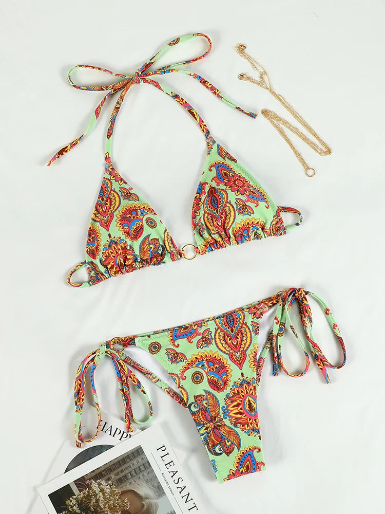 Triangle Bikini Sets Print Swimsuit Women 2023 Bikinis Bandage Swimwear Micro Thong Two Piece Suit Biquini Brazilian Swimsuits