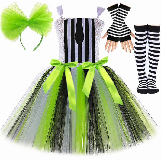 Kids Beetle Juice Costume Girls Black White Striped Tulle Tutu Dress Girls Halloween Carnival Party Princess Dress Up Clothes