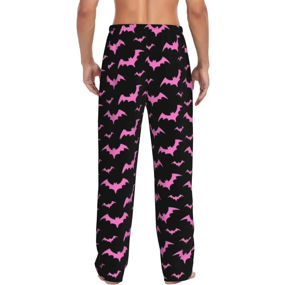 Custom Cute Spooky Halloween Bats Black And Purple Pajama Pants for Men Lounge Sleep Drawstring Sleepwear Bottoms with Pockets