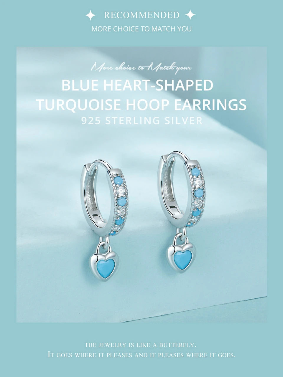 WOSTU 925 Sterling Silver Blue Heart-shaped Turquoise Hoop Earrings For Women Shiny CZ Drop Dangle Earrings Pendientes Jewelry