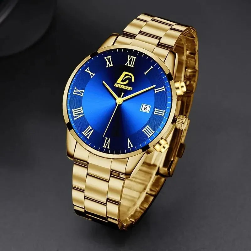 1Pcs Men's Casual Business Stainless Steel Band Quartz Watch 2PCS Luxury Alloy Bracelet Necklace Birthday Christmas Gift Set