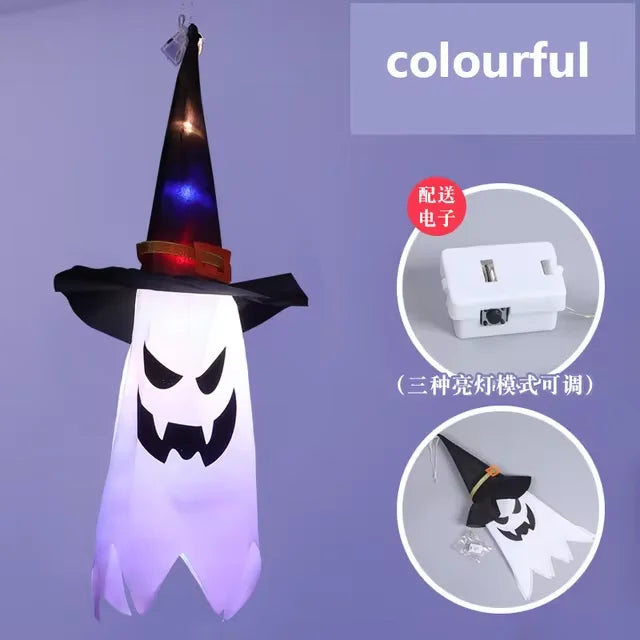 Halloween Courtyard Decorations LED Flashing Wizard Hat Lights Hanging Ghost Halloween Party Decorations Home Bars Horror Props