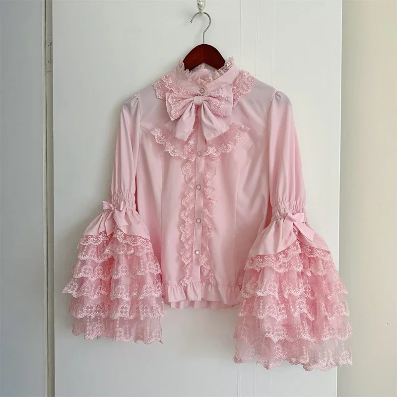 Super Fairy Lolita Dress Set New Spring and Autumn Sweet Girl Women's Flower Lace Bow Shirt Princess Jsk Suspender Dress