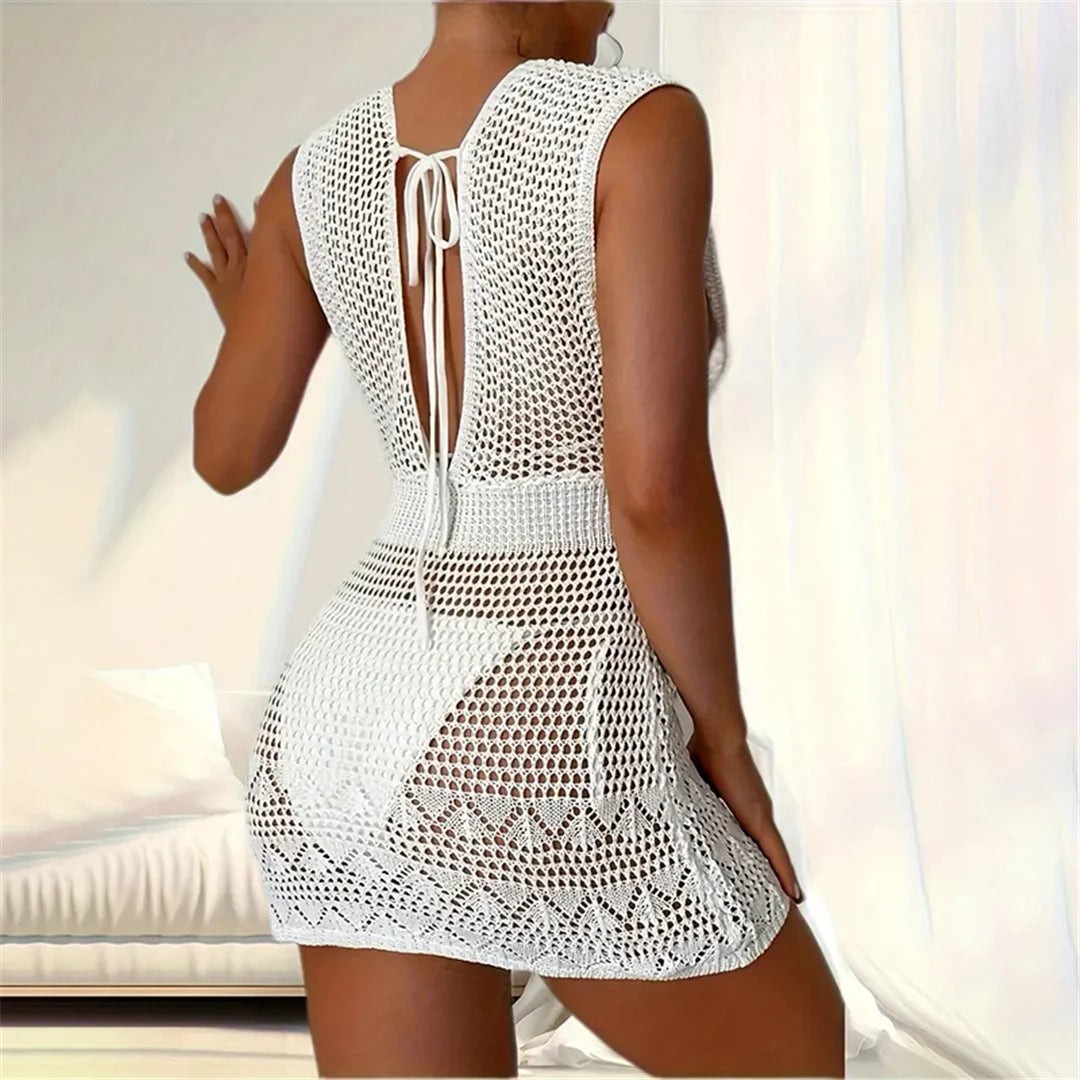 New Deep V Neck Backless Hollow Out Crochet Knitted Tunic Beach Cover Up Cover-ups Beach Dress Beach Wear Beachwear Female V6180