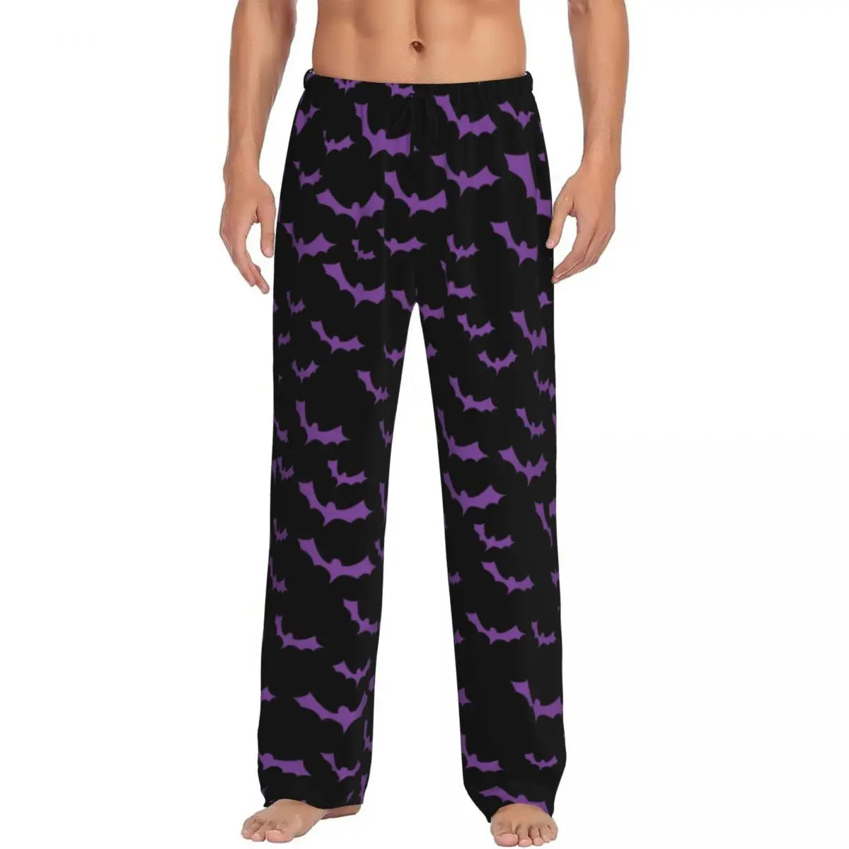 Custom Cute Spooky Halloween Bats Black And Purple Pajama Pants for Men Lounge Sleep Drawstring Sleepwear Bottoms with Pockets