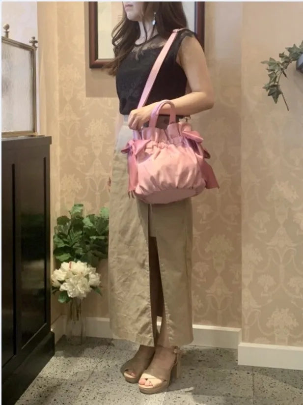 Japanese Style New Double-Sided Drawstring Bags Sweet Cute Girl Ladies Satin Bow Crossbody Shoulder Portable Handbag