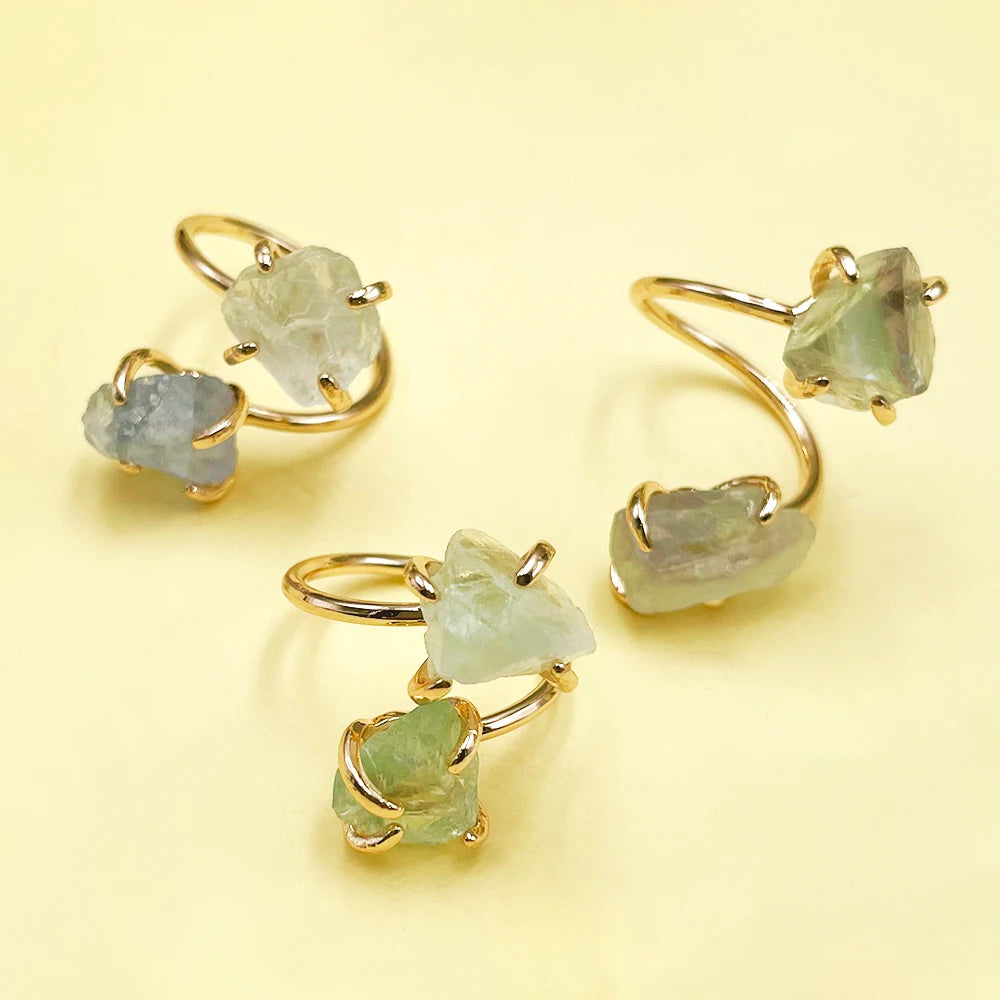 Irregular Fluorite Crystal Open Cross Ring for Women Girls Claw Setting Gold-color Boho Rough Stone Finger Jewelry Resizable