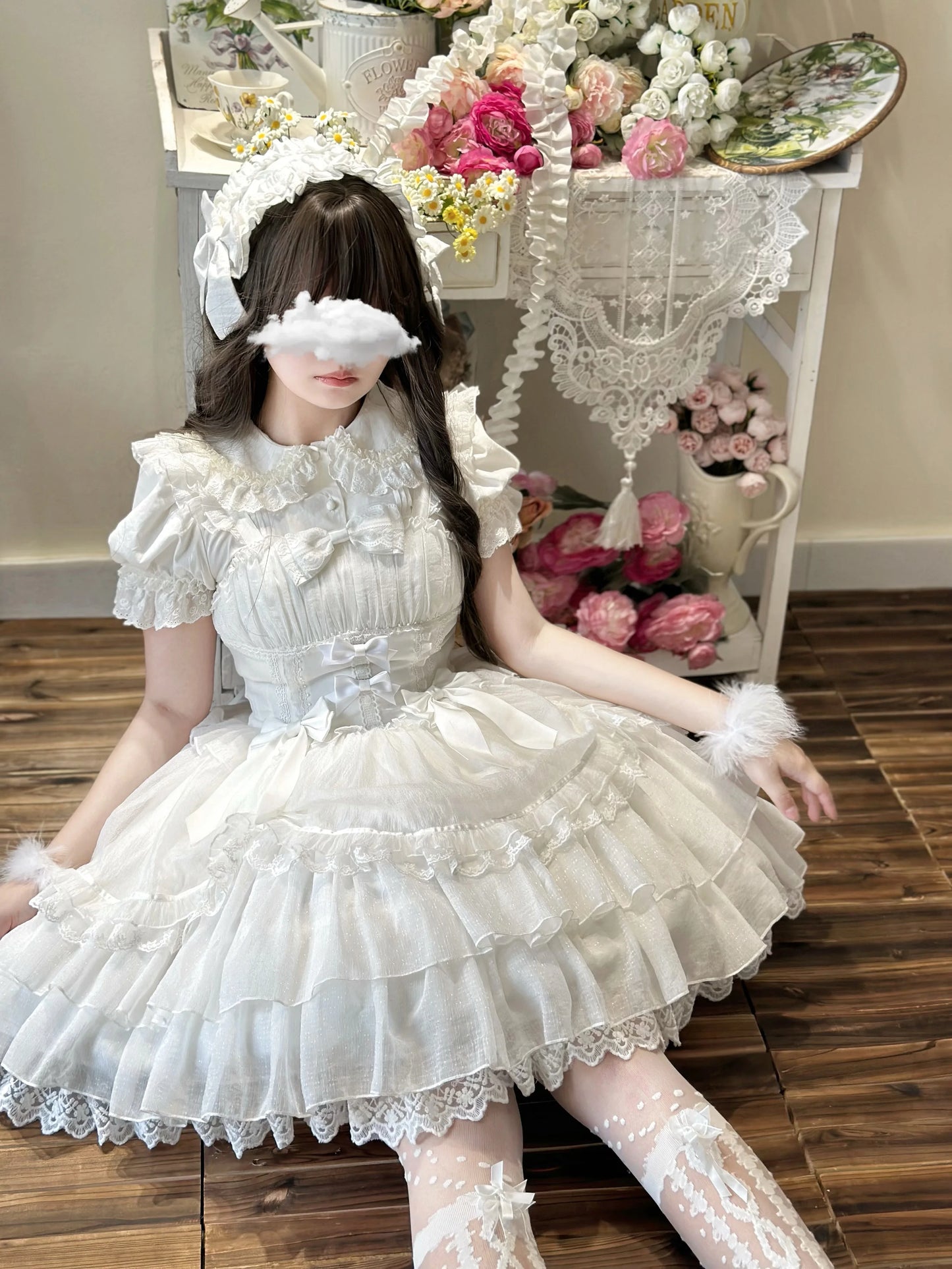 Original Design New Summer Lolita Dress Women's Sweet Flower Wedding Lace Bowknot JSK Sling Dress Black and White Princess Dress