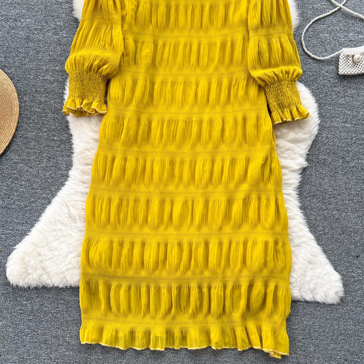 Autumn Vintage Women Draped Loose Midi Dress Elegant Round Collar Puff Long Sleeve Robe Casual Yellow/Burgundy/Green Vestido New