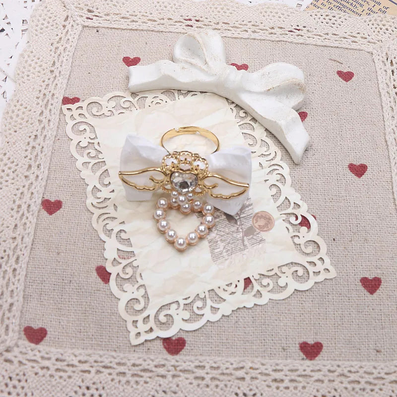 Handmade Rojita Japanese Style Elegant Sweet Cute Rings Rhinestone Ruffled Bow Soft Girl Ring Fashion Rolita Rings for Women