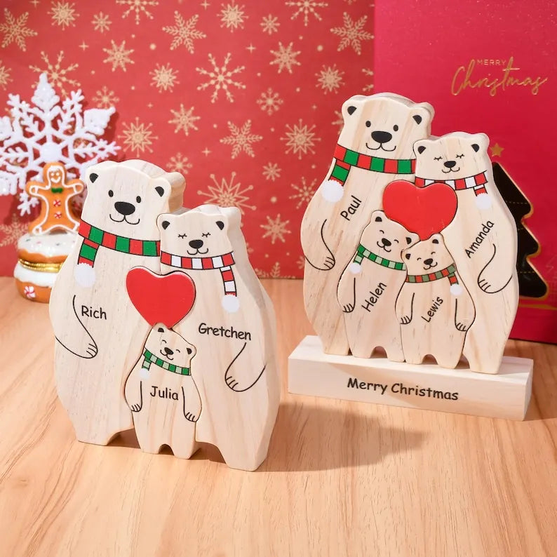 Wooden Bear Family Puzzle with Base Bear Family Decor Mom Gift, Weeding Anniversary Gift for Mom Dad, Christmas Gift for Parents