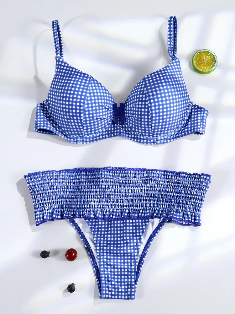 Miyouj Bow Bikinis 2024 Biquin Pleated Swimsuit Women Plaid Print Bikini Set Sexy Swimwear Push Up Beachwear Low Waist Bath Suit