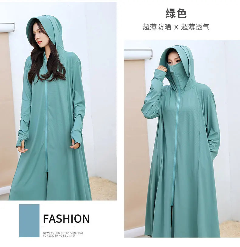 Sunscreen Sun Protection Long Coat Hooded Washable Ruffles Adjustable Waist Beach Anti-UV Dress For Women UPF50+ Long Coat 5XL