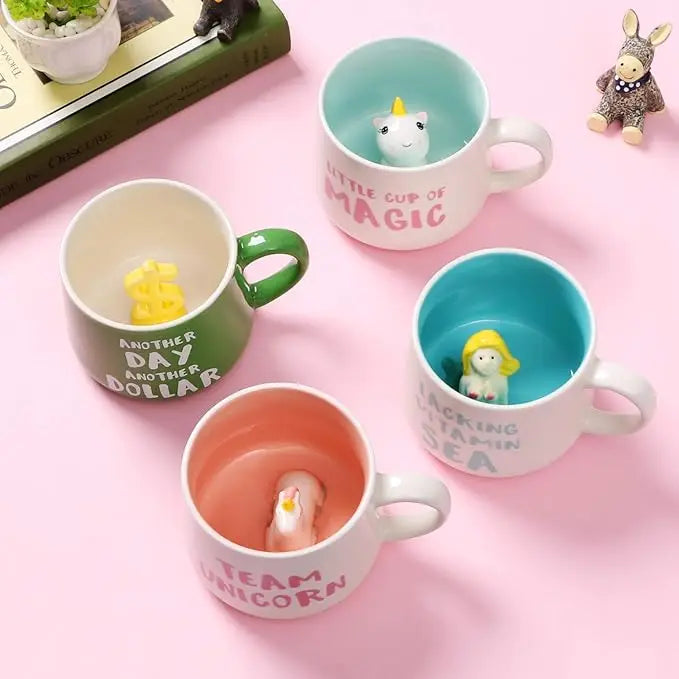 Cute Cartoon Coffee Figurine Mugs with Animal Inside, Ceramic 3D, Uincorn, Love Novelty Cup, Christmas Gift for Friends, Kids
